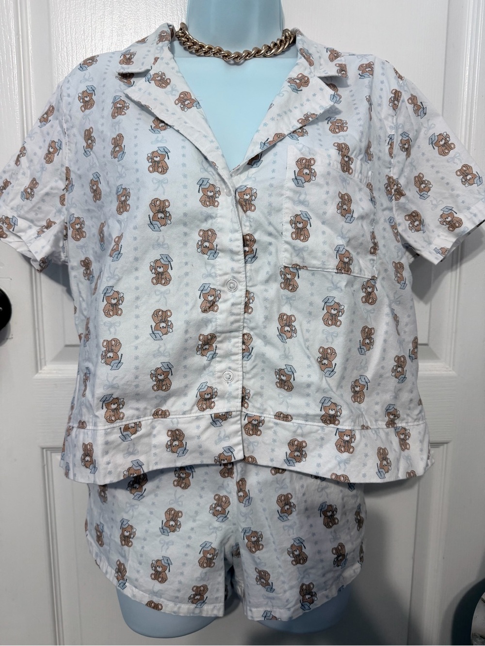 Hollister White Pajama Set with Brown Teddy Bear Print